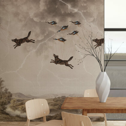 Bezowa tapeta mural czarne wilki blyskawice chasing dreams byfoxes