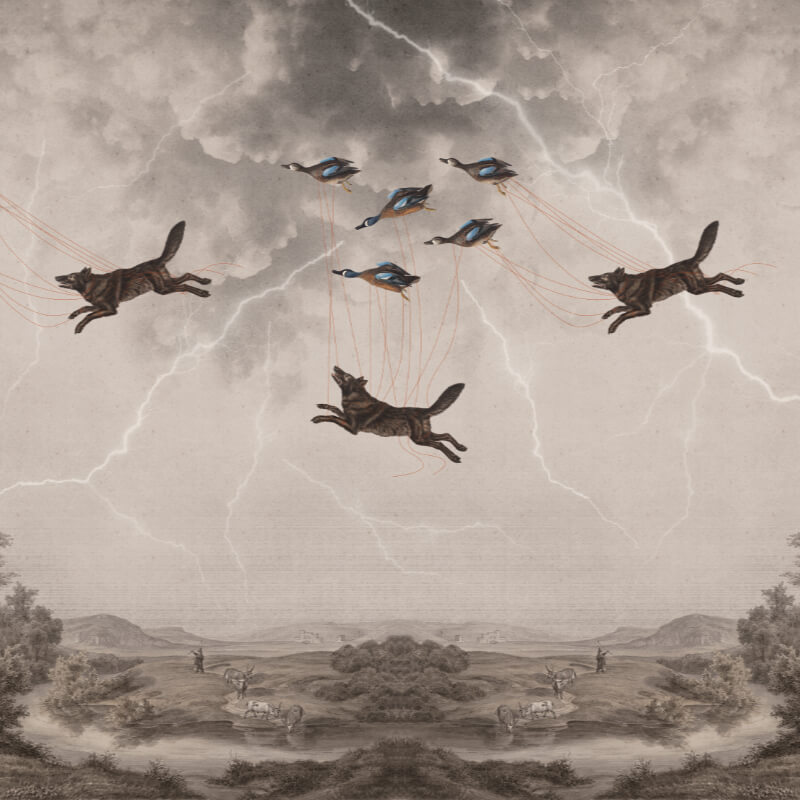 Szara tapeta mural scienny czarne wilki burzowe niebo kaczki byfoxes